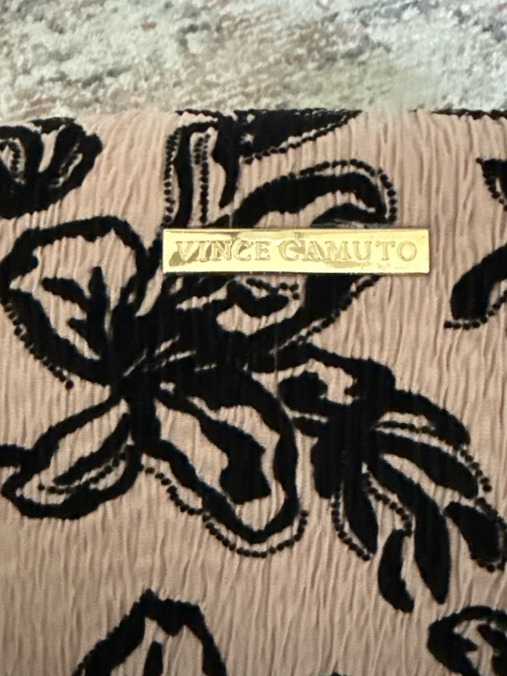 Vince Camuto Blush Clutch with Black Floral Applique and Gold Logo